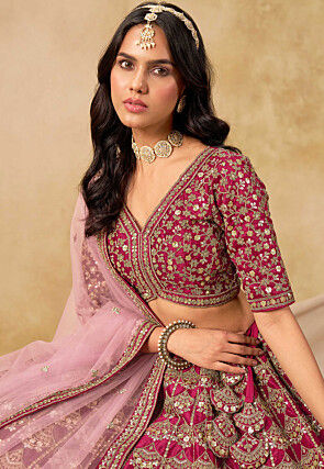 Embroidered Art Silk Lehenga in Fuchsia