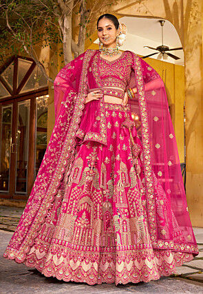 Embroidered Art Silk Lehenga in Fuchsia
