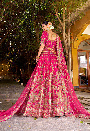 Embroidered Art Silk Lehenga in Fuchsia