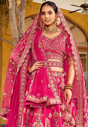 Embroidered Art Silk Lehenga in Fuchsia