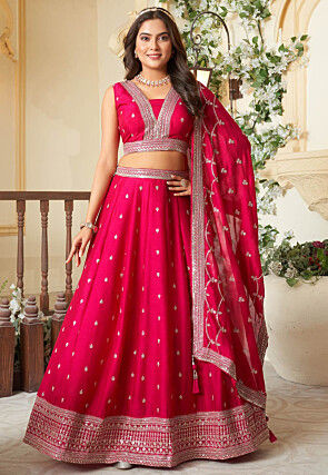 Embroidered Art Silk Lehenga in Fuchsia