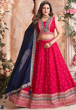 Embroidered Art Silk Lehenga in Fuchsia