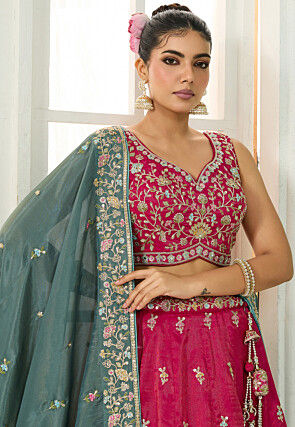 Embroidered Art Silk Lehenga in Fuchsia