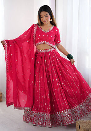 Embroidered Art Silk Lehenga in Fuchsia