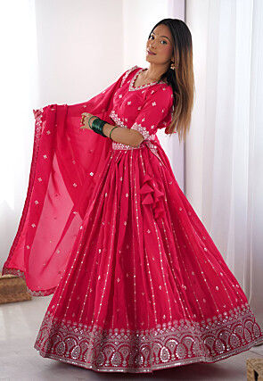 Embroidered Art Silk Lehenga in Fuchsia