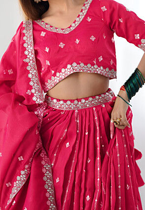 Embroidered Art Silk Lehenga in Fuchsia