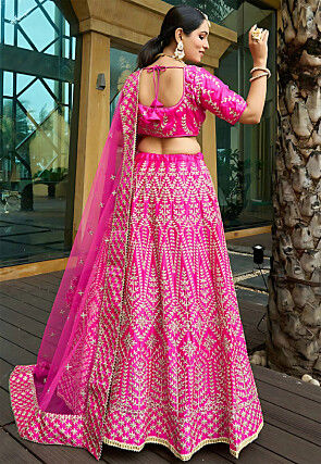 Embroidered Art Silk Lehenga in Fuchsia