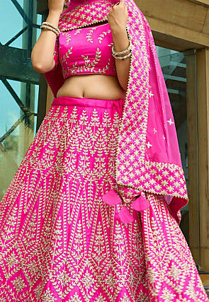 Embroidered Art Silk Lehenga in Fuchsia