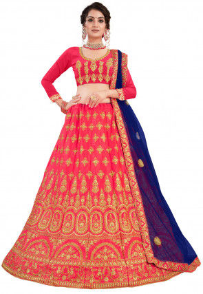 Embroidered Satin Lehenga in Fuchsia