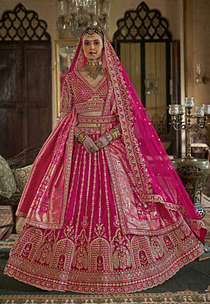 Embroidered Art Silk Lehenga in Fuchsia