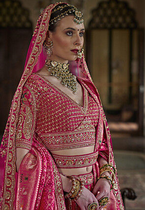 Embroidered Art Silk Lehenga in Fuchsia