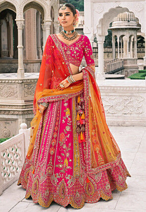 Embroidered Art Silk Lehenga in Fuchsia