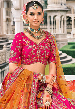 Embroidered Art Silk Lehenga in Fuchsia