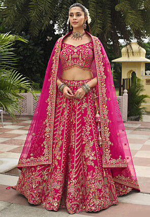 Embroidered Art Silk Lehenga in Fuchsia