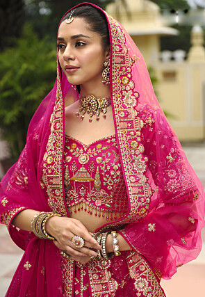 Embroidered Art Silk Lehenga in Fuchsia