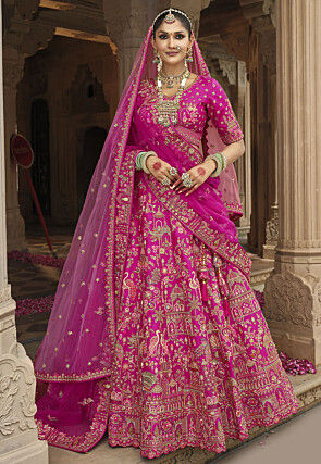 Embroidered Art Silk Lehenga in Fuchsia