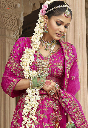Embroidered Art Silk Lehenga in Fuchsia