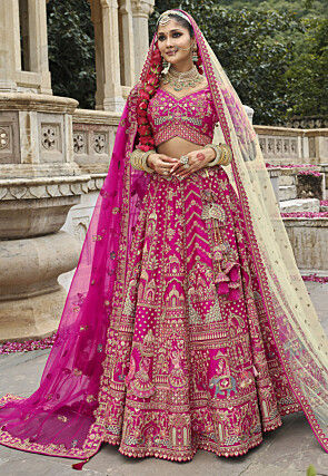 Embroidered Art Silk Lehenga in Fuchsia