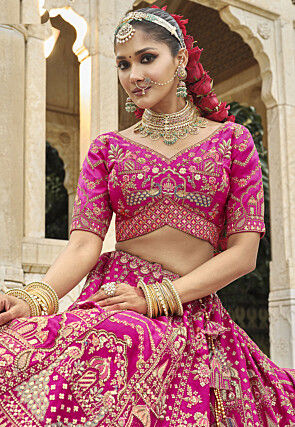 Embroidered Art Silk Lehenga in Fuchsia
