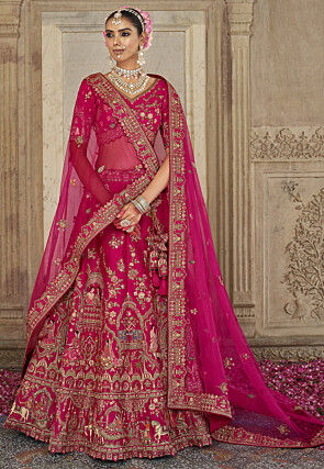 Embroidered Art Silk Lehenga in Fuchsia