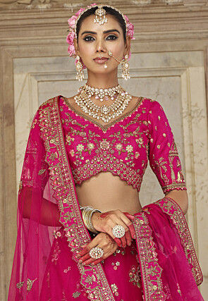 Embroidered Art Silk Lehenga in Fuchsia