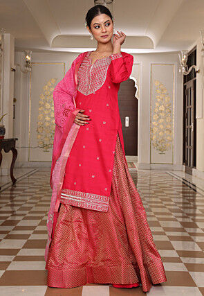 Embroidered Art Silk Lehenga in Fuchsia