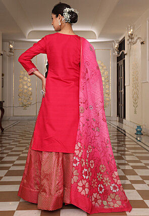 Embroidered Art Silk Lehenga in Fuchsia