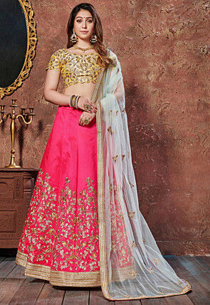 Embroidered Art Silk Lehenga in Fuchsia