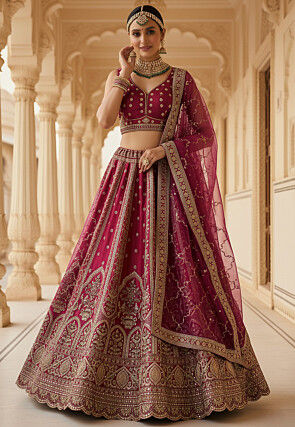 Embroidered Art Silk Lehenga in Magenta
