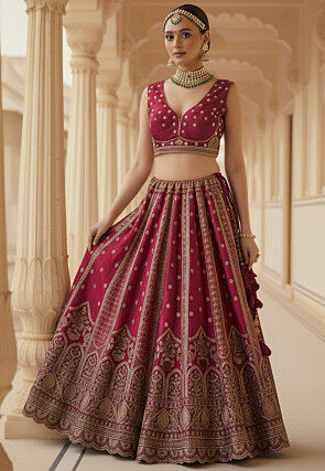 Embroidered Art Silk Lehenga in Magenta