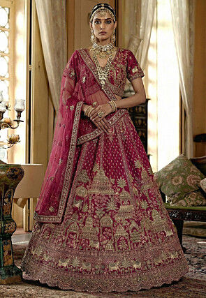 Embroidered Art Silk Lehenga in Fuchsia