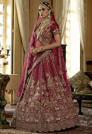 Embroidered Art Silk Lehenga in Fuchsia