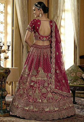 Embroidered Art Silk Lehenga in Fuchsia