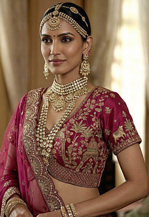 Embroidered Art Silk Lehenga in Fuchsia