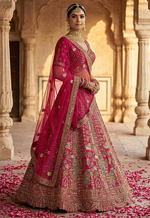 Embroidered Art Silk Lehenga in Fuchsia