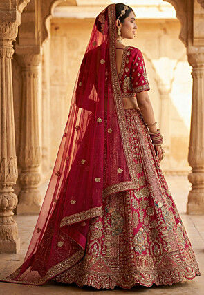 Embroidered Art Silk Lehenga in Fuchsia