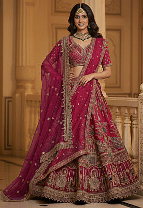 Embroidered Art Silk Lehenga in Fuchsia