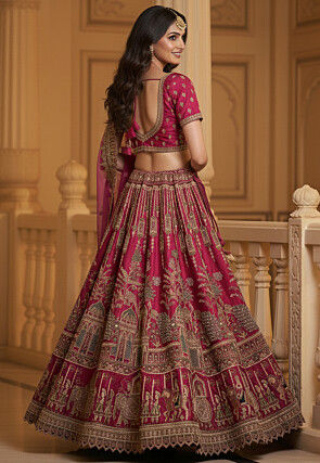 Embroidered Art Silk Lehenga in Fuchsia