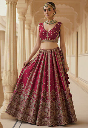 Embroidered Art Silk Lehenga in Fuchsia
