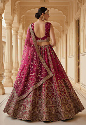 Embroidered Art Silk Lehenga in Fuchsia