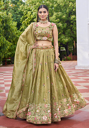 Embroidered Art Silk Lehenga in Green