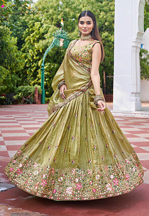 Embroidered Art Silk Lehenga in Green