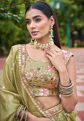 Embroidered Art Silk Lehenga in Green
