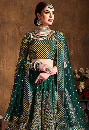 Embroidered Art Silk Lehenga in Green