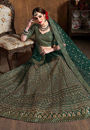 Embroidered Art Silk Lehenga in Green