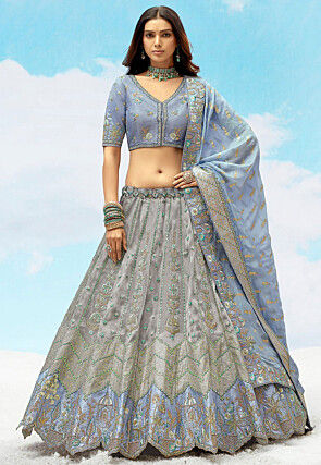 Embroidered Art Silk Jacquard Lehenga in Grey and Blue Shaded