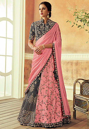 embroidered art silk lehenga in grey and pink v1 lar171