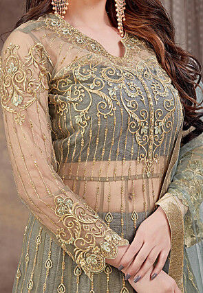 Embroidered Net Lehenga in Grey 