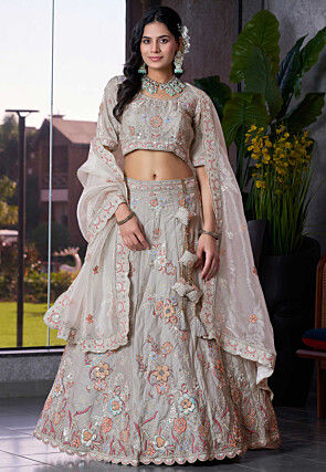 Embroidered Art Silk Lehenga in Grey