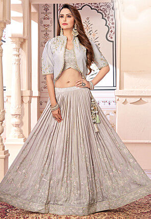Embroidered Art Silk Lehenga in Grey